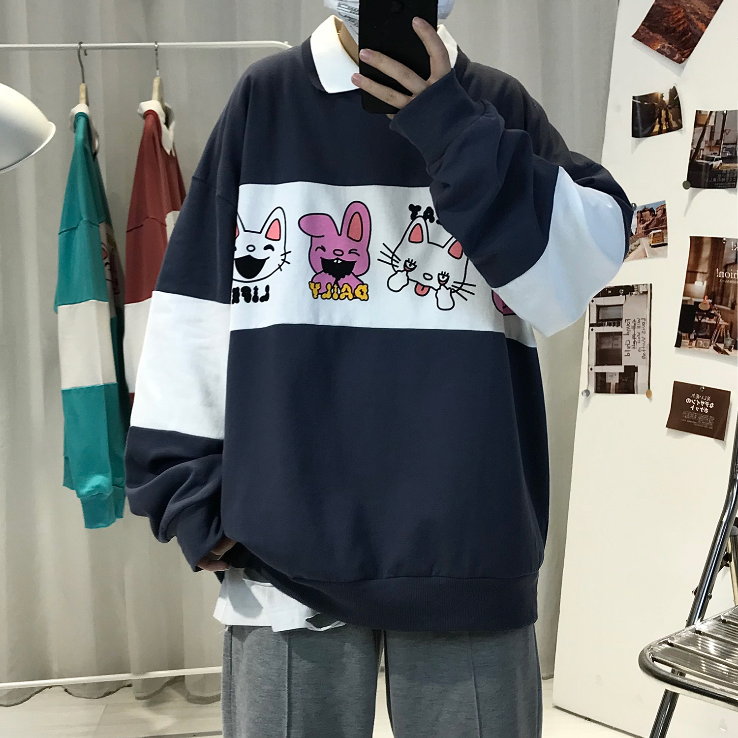 Trend loose Lapel rabbit print lovers' sweater men's and women's long sleeve T-shirt