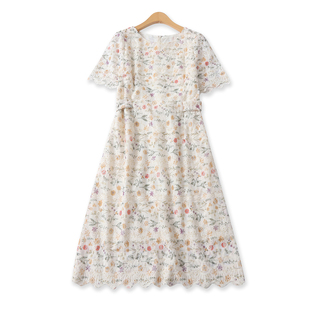 刺绣印花连衣裙夏新款外贸女装百搭圆领收腰系带短袖中长裙19748