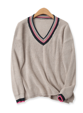 撞色毛衣秋新款外贸女装时尚百搭宽松V领弹力套头长袖针织衫15090