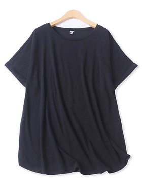 大码棉T恤春夏季新款外贸女装百搭纯色圆领宽松翻边短袖上衣17515