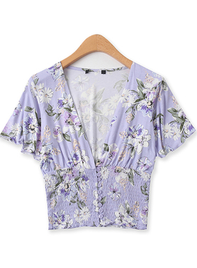 印花小衫夏季新款外贸女装减龄百搭松紧收口下摆V领短袖上衣15010