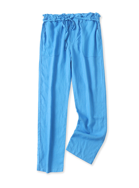 高腰棉麻裤秋新款外贸女装休闲百搭系带显瘦多口袋纯色长裤15537