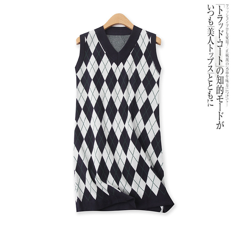 V领显瘦百搭减龄中长菱形格背心