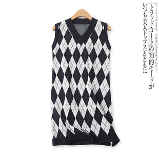 中长款针织背心裙春秋新款外贸女装学院风V领弹力菱形格马甲15030