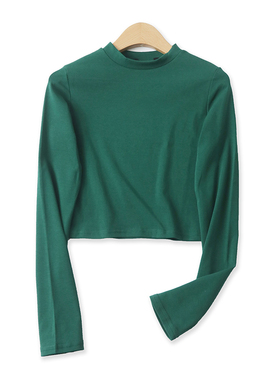 高弹力棉T恤春新款外贸女装百搭短款圆领弹力显瘦长袖打底衫16212