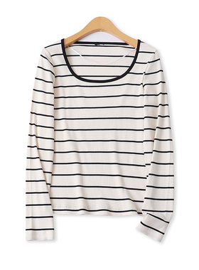 螺纹T恤春秋新款外贸女装百搭纯色圆领修身长袖套头条纹上衣18227