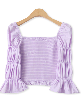 褶皱棉衬衫春新款外贸女装时尚修身方领一字肩七分袖短上衣17560