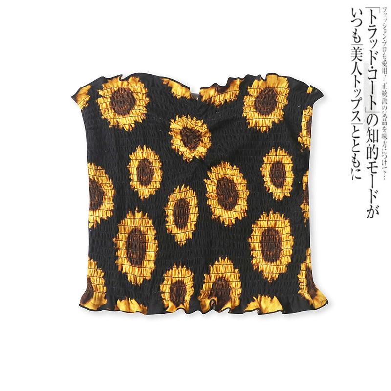 印花松紧褶皱露脐木耳边抹胸背心