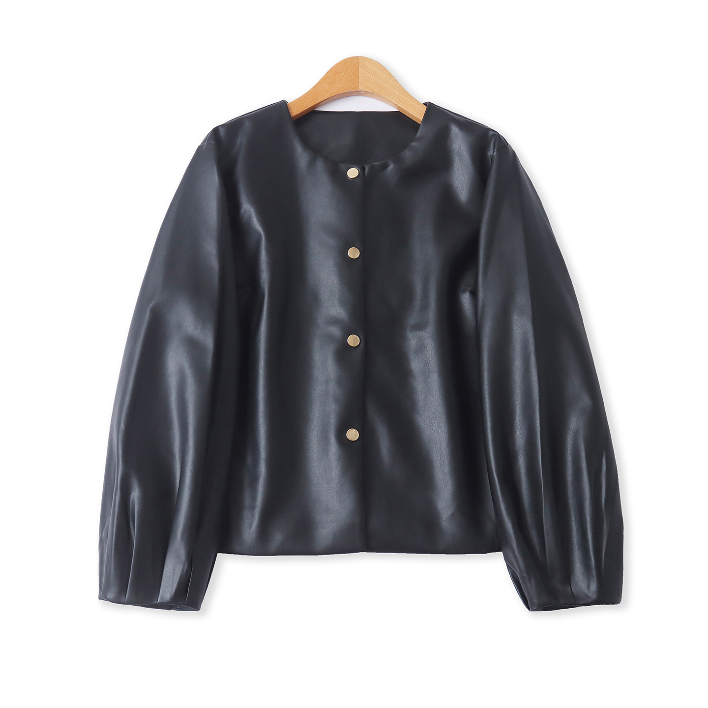 PU皮夹克秋新款外贸女装纯色通勤百搭单排按扣修身长袖外套18474