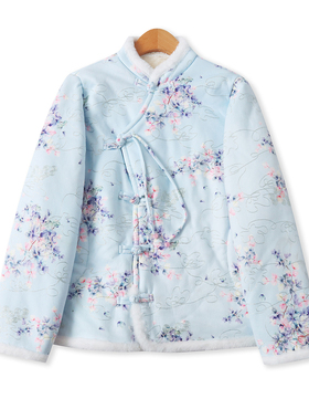 国风印花棉袄冬季新款外贸女装加厚修身盘扣长袖刺绣绒外套19112