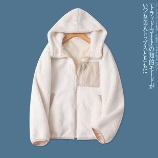 宽松拉链夹克17311 连帽撞色长袖 日单羊羔毛外套秋冬新款 外贸女装