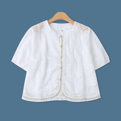 刺绣小衫夏季新款外贸女装百搭国风圆领单排扣显瘦短袖上衣18363