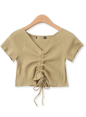 华夫格T恤夏新款外贸女装时尚V领抽褶系带弹力修身短袖上衣14452