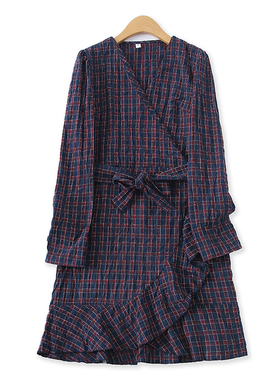 格子裙秋季新款外贸女复古V领高腰系带显瘦荷叶边长袖连衣裙11832