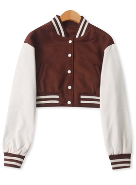 拼色棒球服秋季新款外贸短款时尚单排扣修身螺纹边长袖外套19119