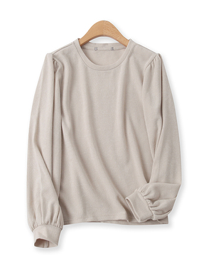 泡泡袖针织衫春季新款外贸女装百搭圆领套头显瘦长袖打底衫14213