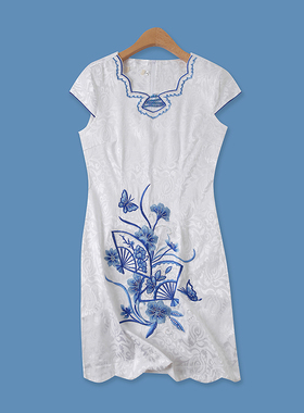 旗袍裙夏季新款外贸女装民族风刺绣亮片包臀显瘦短袖连衣裙14759