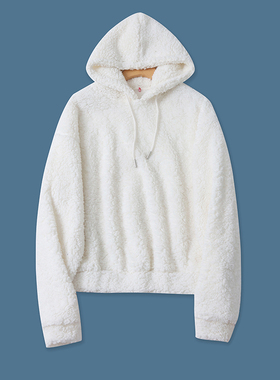 连帽毛毛卫衣冬季新款外贸女装百搭宽松保暖长袖短款绒外套17481