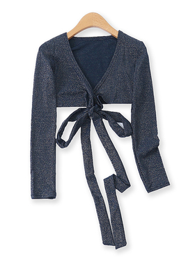 亮丝开衫秋季新款外贸女装百搭弹力显瘦超短款绑带长袖罩衫11703