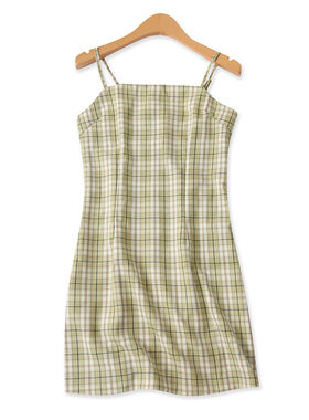 格子吊带短裙夏新款外贸女装时尚露背后隐形拉链修身抹胸裙17061