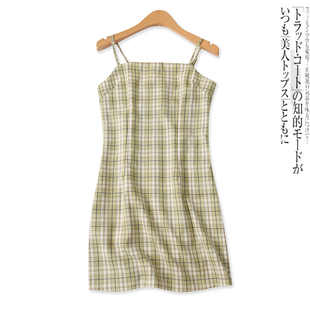 格子吊带短裙夏新款外贸女装时尚露背后隐形拉链修身抹胸裙17061