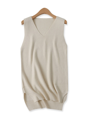 中长针织背心秋季新款外贸女装纯色百搭V领开叉弹力显瘦马甲15870