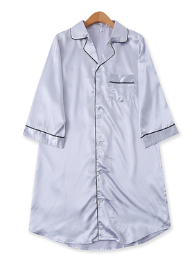 睡裙春夏新款外贸男女仿真丝单排扣宽松显瘦翻领九分袖睡衣12430