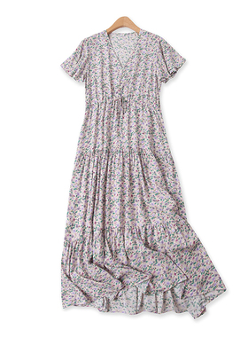 人棉碎花裙夏新款外贸女时尚百搭高腰系带V领宽松短袖连衣裙13660