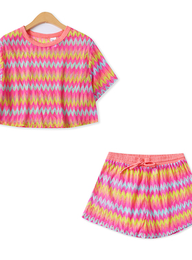 彩条纹套装夏新款外贸女装镂空宽松短袖T恤+松紧短裤分开卖18113