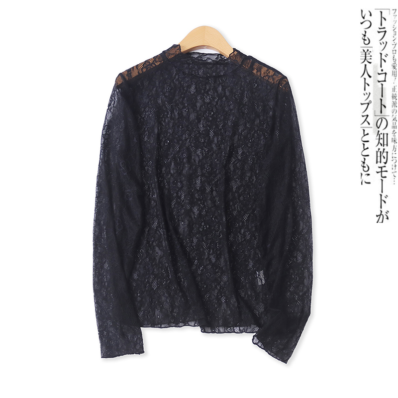 蕾丝衫秋新款外贸女装时尚性感透视修身套头长袖半高领上衣17341