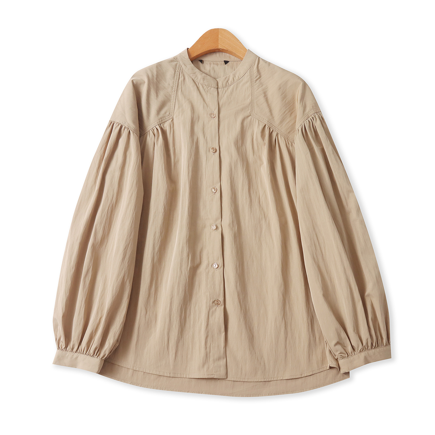 泡泡长袖衬衫秋季新款外贸女装时尚拼接褶皱单排扣宽松上衣19058