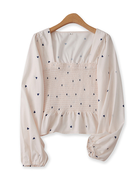 碎花小衫夏季新外贸女装减龄百搭松紧褶皱方领套头长袖上衣15430