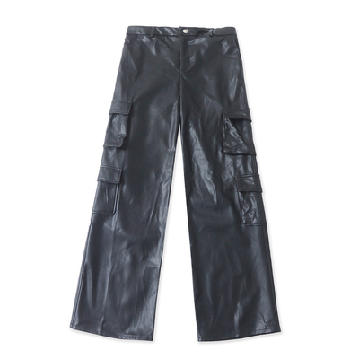 PU皮工装裤春新款外贸女装复古百搭半松紧腰多口袋显瘦长裤19531