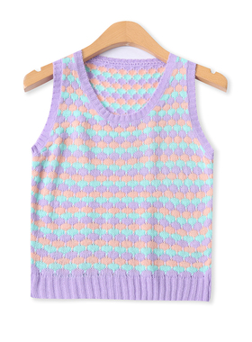 针织撞色马甲春新款外贸女装百搭减龄圆领修身短款套头背心19305