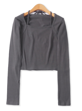 一体绒T恤冬新款外贸女装百搭纯色方领系带修身短款长袖打底19238