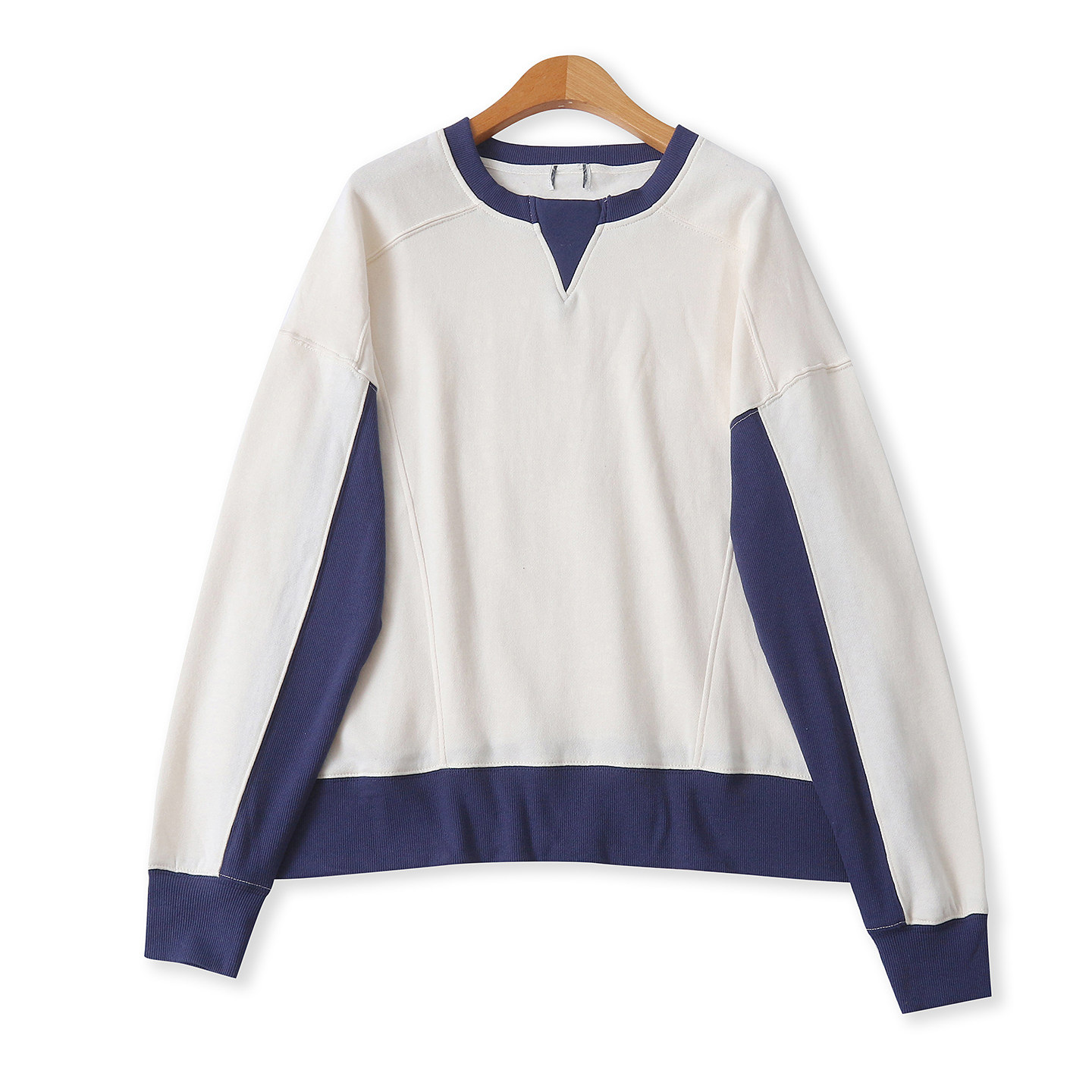 大版撞色卫衣秋新款外贸女装休闲圆领螺纹拼接长袖薄绒上衣18927