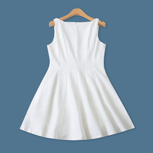 外贸女装 新款 百搭收腰后拉链A字拼接套头连衣裙19681 白裙夏季 无袖