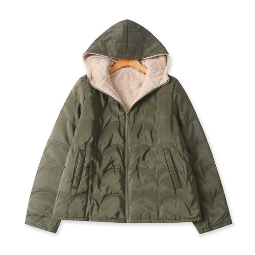 轻薄加绒连帽棉衣冬季新款外贸女装百搭绒内里长袖拉链外套18862