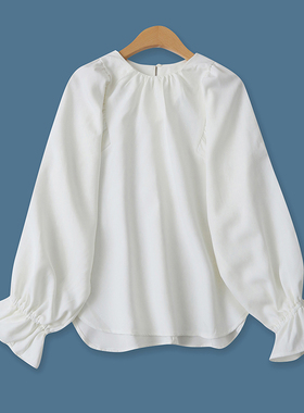 日单衬衫春秋季新款外贸女装时尚褶皱圆领灯笼长袖宽松小衫16747