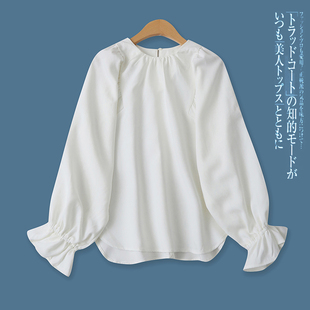 日单衬衫春秋季新款外贸女装时尚褶皱圆领灯笼长袖宽松小衫16747