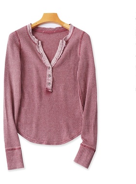 华夫格T恤夏新款外贸女装复古水洗做旧反毛边修身长袖短上衣18147