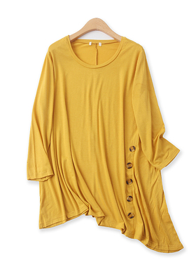 大码T恤春季新款外贸女装百搭宽松圆领装饰扣长袖套头打底衫14493