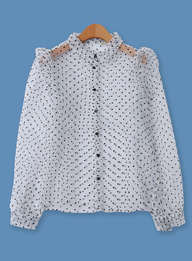 欧根纱衬衫秋季新款外贸女装时尚透视显瘦前扣波点长袖上衣11596