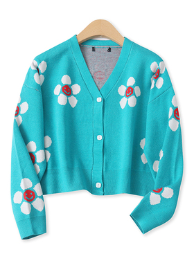 提花针织开衫秋新款外贸女装百搭单排扣宽松长袖太阳花毛衣15919