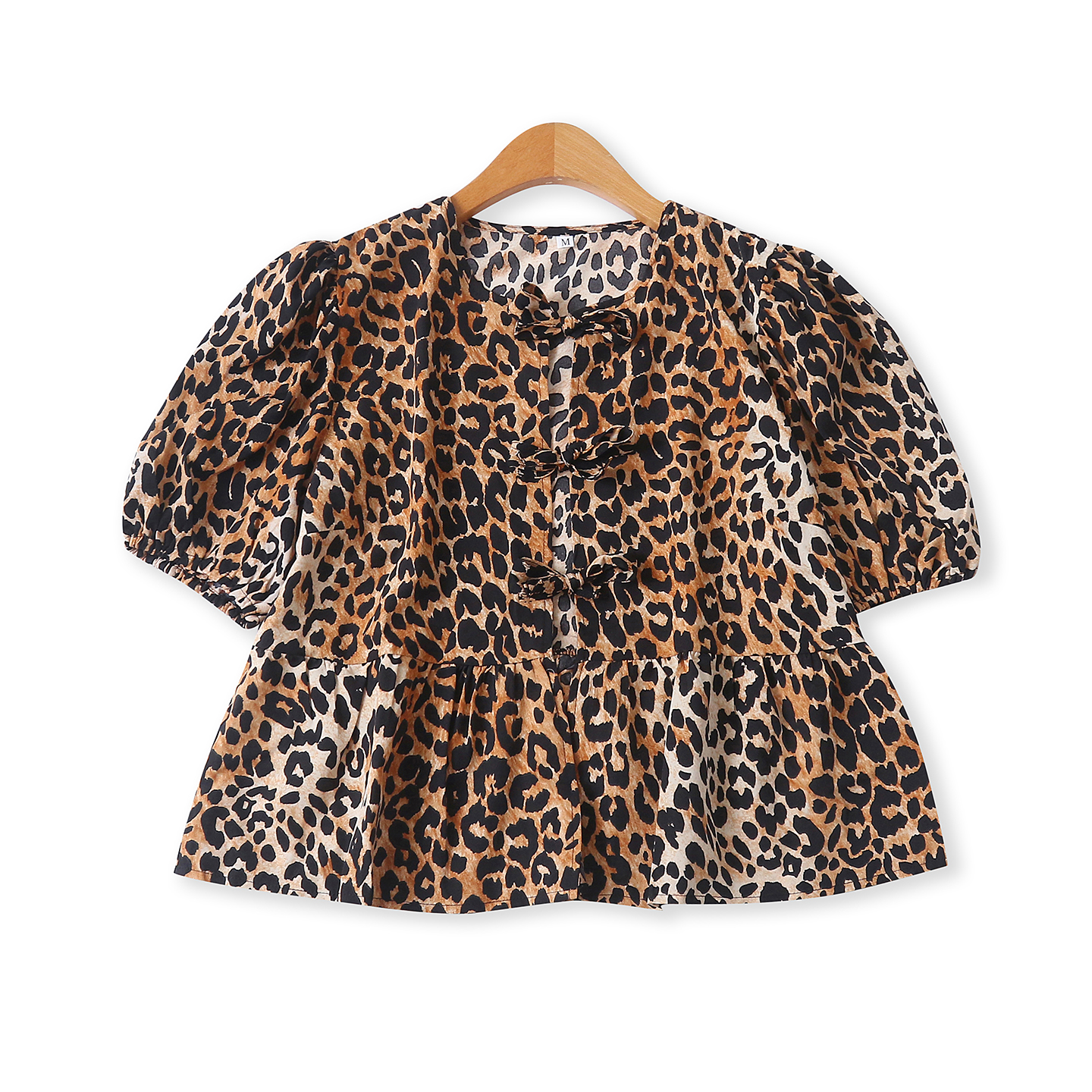 豹纹小衫秋季新款外贸女装复古显瘦荷叶摆泡泡短袖系带衬衫18941