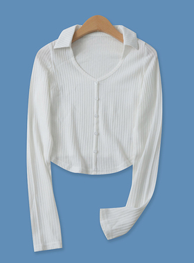 针织衫春季新款外贸女装百搭显瘦短款翻领装饰扣长袖打底T恤16187