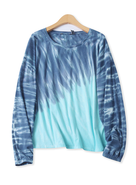 扎染T恤春季新款外贸女装时尚百搭圆领宽松大码加肥长袖上衣17466