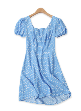 印花连衣裙夏季新款外贸女装镂空露背方领显瘦泡泡袖中长裙14717