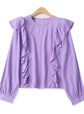 荷叶拼接紫衬衫春季新款外贸女装时尚百搭圆领修身长袖衬衣17570