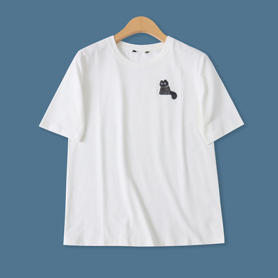 棉T恤夏新款外贸女装时尚百搭纯色圆领宽松显瘦贴布短袖上衣18458